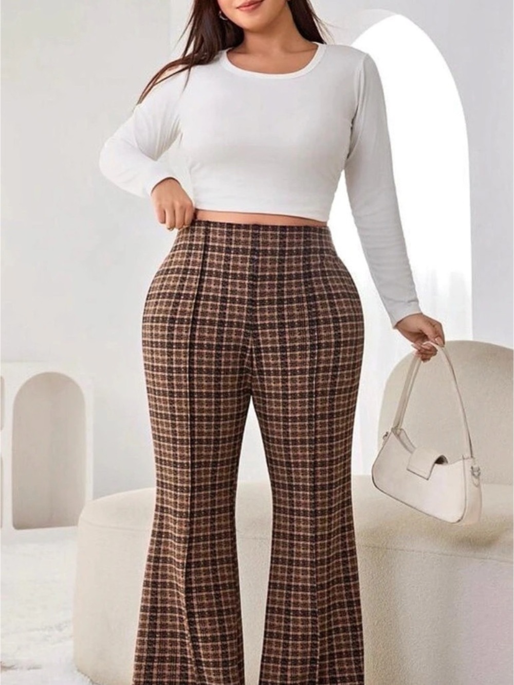 NWT Plaid Print Flared Leg Pants (Brown & Black)